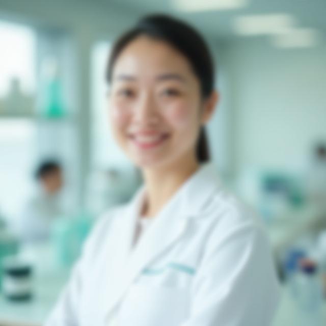 Portrait of Head Formulator Chen Wei wearing lab coat