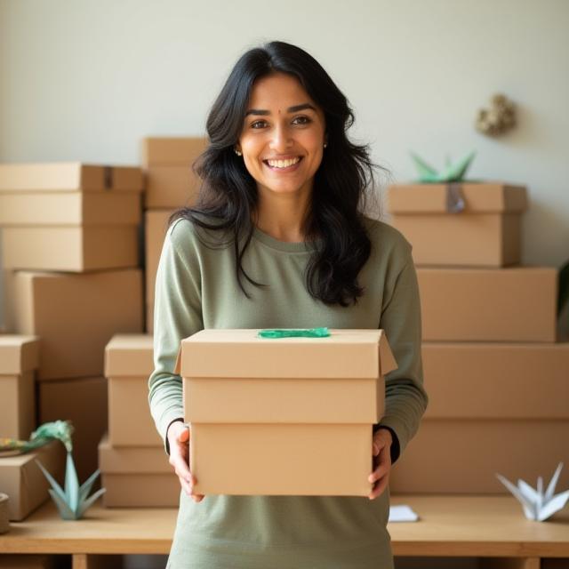 Portrait of Packaging Designer Priya Shah with eco-friendly boxes