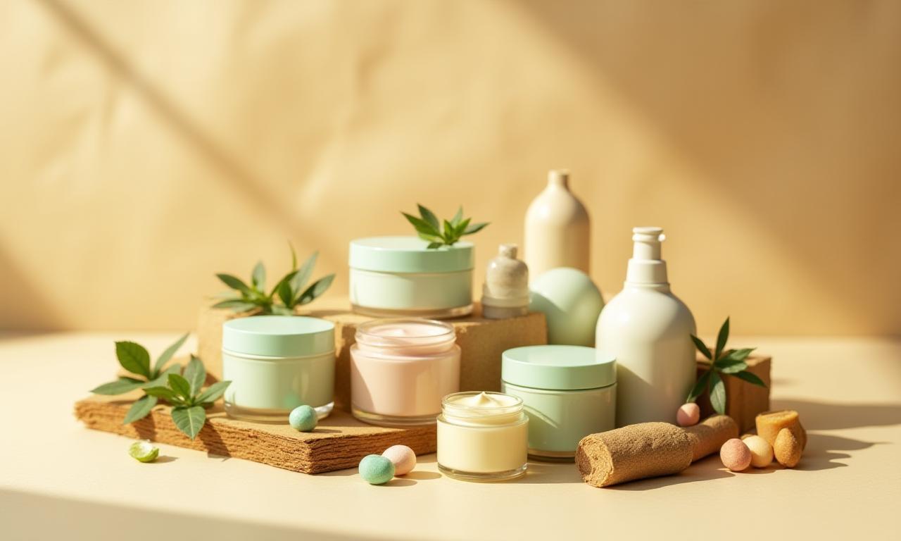 Assortment of Purely Handmade eco-friendly cosmetics on recycled paper background