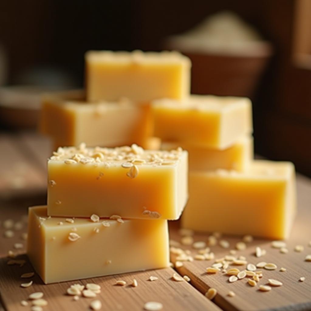 Freshly cured oatmeal soap bars stacked in our studio